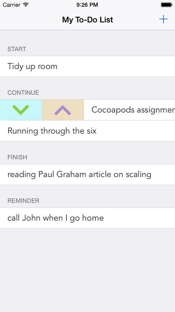 The to-do list running on an iPhone simulator.