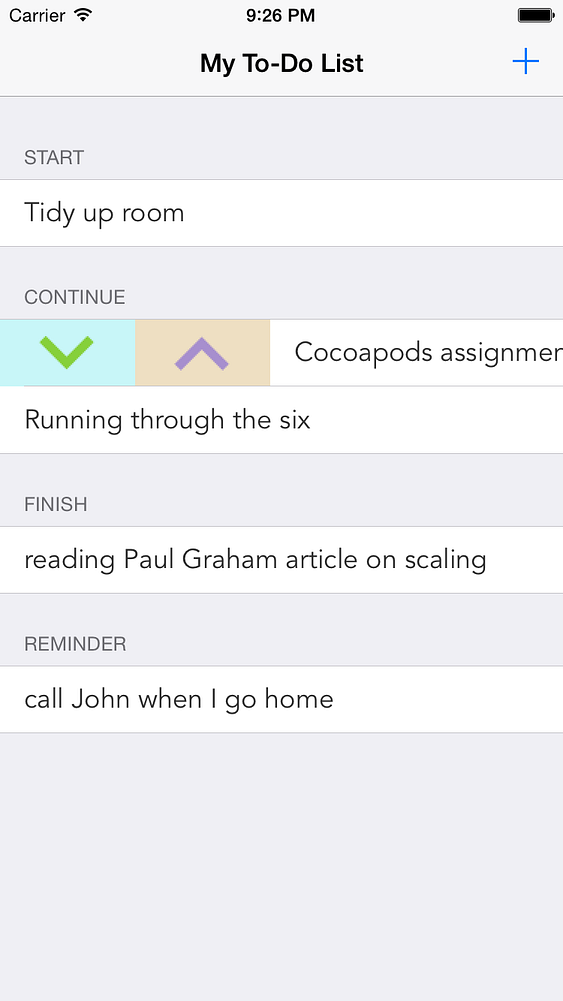 The to-do list running on an iPhone simulator.